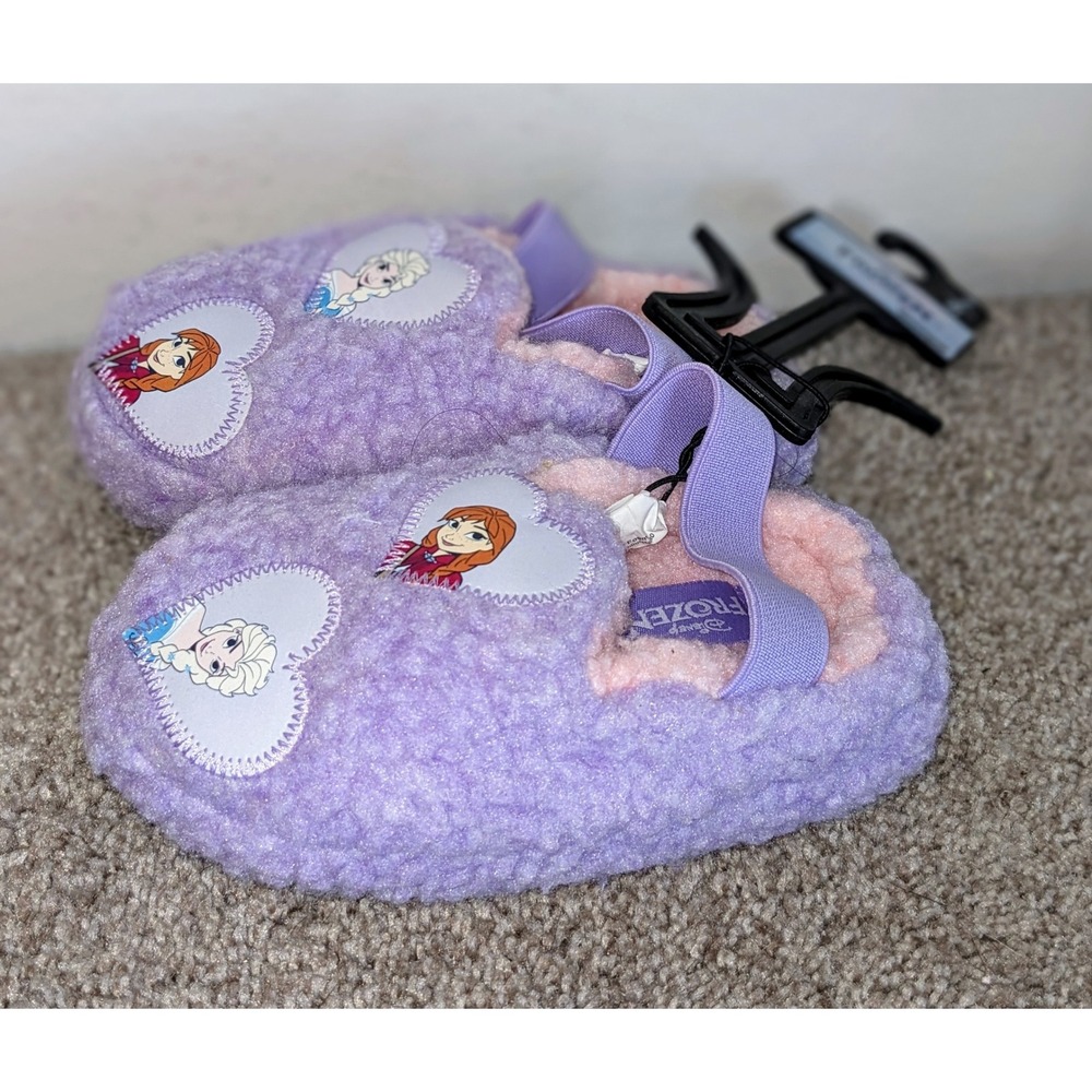 Disney Frozen Slippers Anna Elsa Plush Purple Kids Size 7/8 NWT
